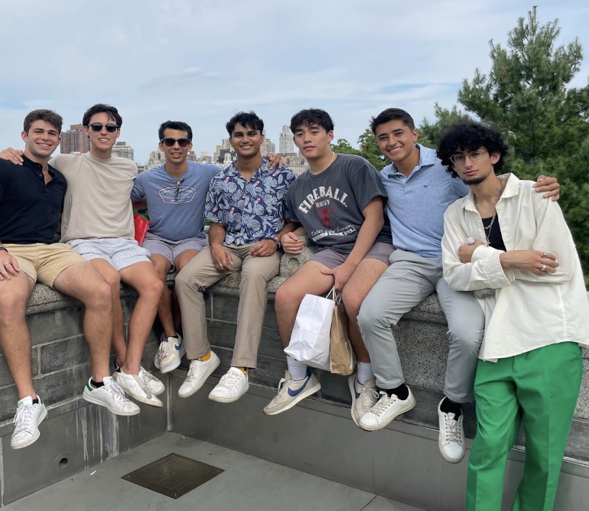 Cobalt members sitting together on a stone wall overlooking the city